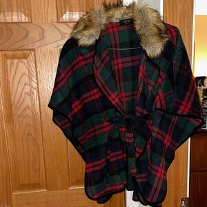 Peach Love California Red and Green Plaid Cape with Faux Fur Collar